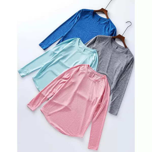 image4Pack Womens Long Sleeve Athletic Tops with Thumb Holes  Dry Fit Active Crewneck Workout TeesNavyCharcoalLight BlueLight Pink