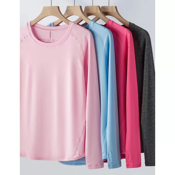 image4Pack Womens Long Sleeve Athletic Tops with Thumb Holes  Dry Fit Active Crewneck Workout TeesPastel PinkCharcoalDawn BlueHot Pink