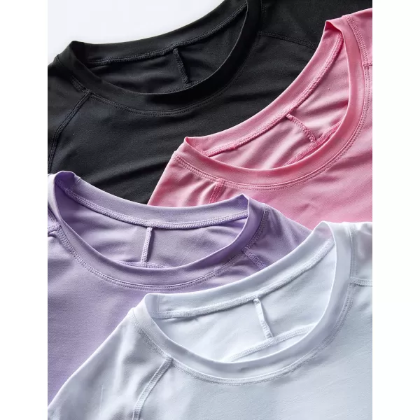 image4Pack Womens Long Sleeve Athletic Tops with Thumb Holes  Dry Fit Active Crewneck Workout TeesWhitePinkLavenderBlack