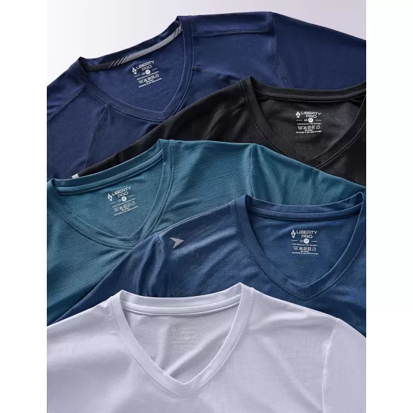 image5 Pack Mens VNeck Dry Fit TShirts Active Athletic Short Sleeve Workout Tops Performance Gym Tees Available in Plus SizeBlackDark TealSteel BlueGradient BlueGradient White