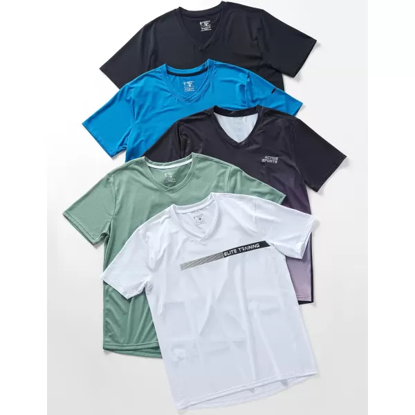 image5 Pack Mens VNeck Dry Fit TShirts Active Athletic Short Sleeve Workout Tops Performance Gym Tees Available in Plus SizeWhiteMintBlueGradientBlack