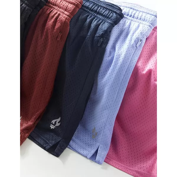 image5Pack Womens Athletic Shorts Mesh Basketball Ladies Active Loose PullOn Shorts with Zipper Pockets 5quot InseamPinkNavyBlackMaroonLavender