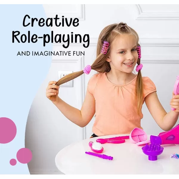 image7 PCS Girls Beauty Salon Styling Fashion Pretend Play Set with Toy Hairdryer Mirror and Styling Accessories