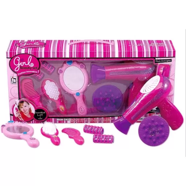 image7 PCS Girls Beauty Salon Styling Fashion Pretend Play Set with Toy Hairdryer Mirror and Styling Accessories