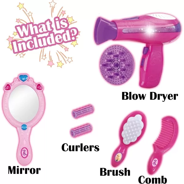 image7 PCS Girls Beauty Salon Styling Fashion Pretend Play Set with Toy Hairdryer Mirror and Styling Accessories