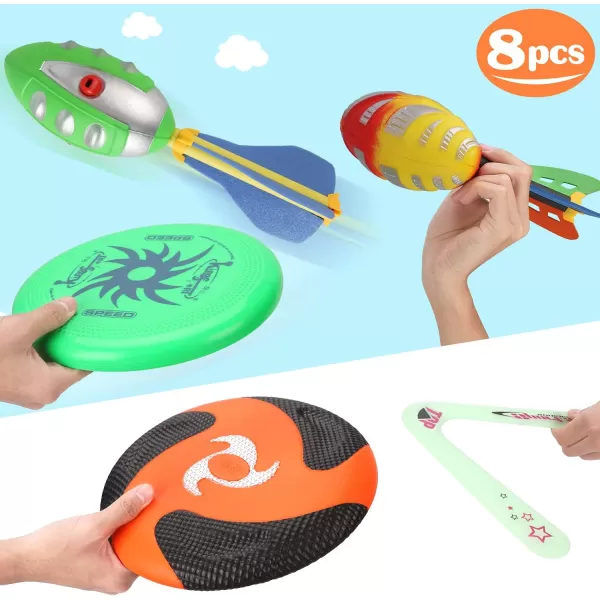 image8in1 Sports Combo Play Set  Ultimate Outdoor Family Backyard Games with Foam Football Flying Discs Aero Rings Boomerang Whistling Missiles  Throw ampamp Catch Fun Activities for Kids