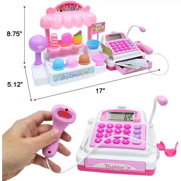 imageIce Cream Store Mini Cash Register with Pretend Play Desserts Working Scanner Calculator Microphone Money and Credit Card