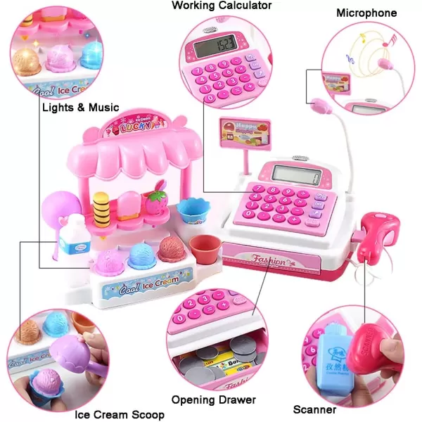 imageIce Cream Store Mini Cash Register with Pretend Play Desserts Working Scanner Calculator Microphone Money and Credit Card