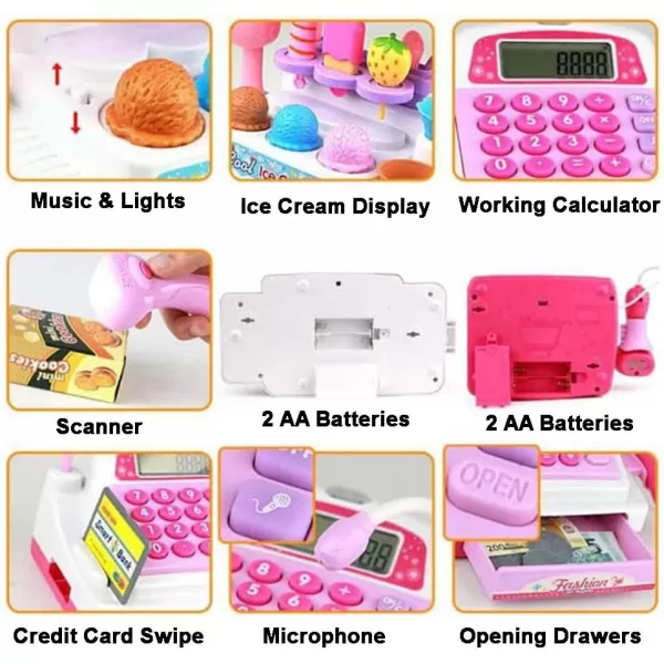 imageIce Cream Store Mini Cash Register with Pretend Play Desserts Working Scanner Calculator Microphone Money and Credit Card