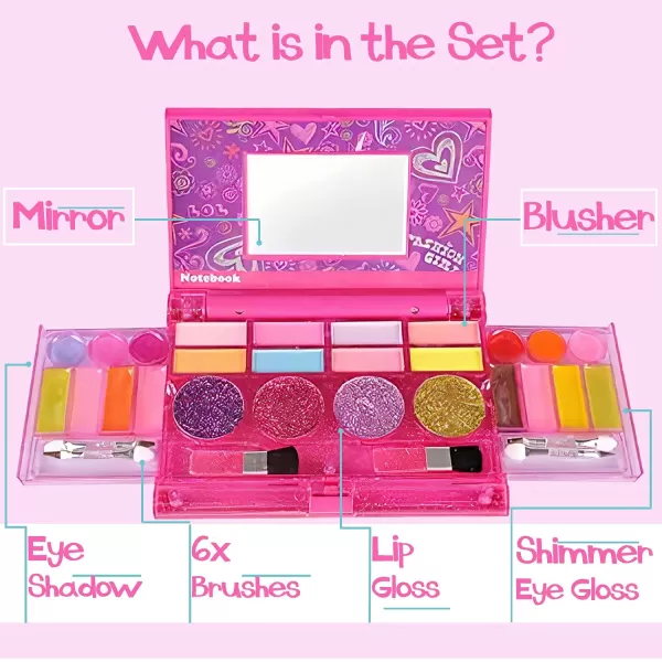 imageKids Washable Makeup Kit Fold Out Cosmetic Vanity Palette with Mirror Make Up Toy Beauty Kit for Girls Pretend Play  Safety Tested  Non Toxic