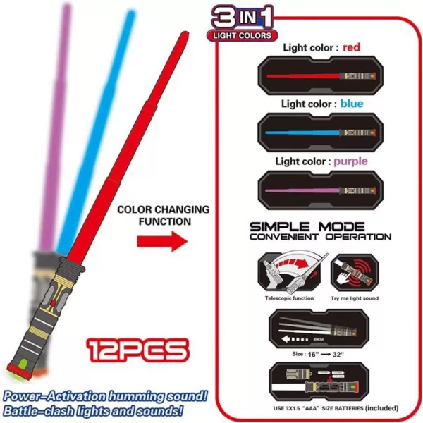 imageLiberty Imports 12 Pack LED Light Up Sabers Set  Color Changing Motion Sensitive Retractable Swords with FX Sound Effects for Themed Parties Bulk Party Favors and Cosplay
