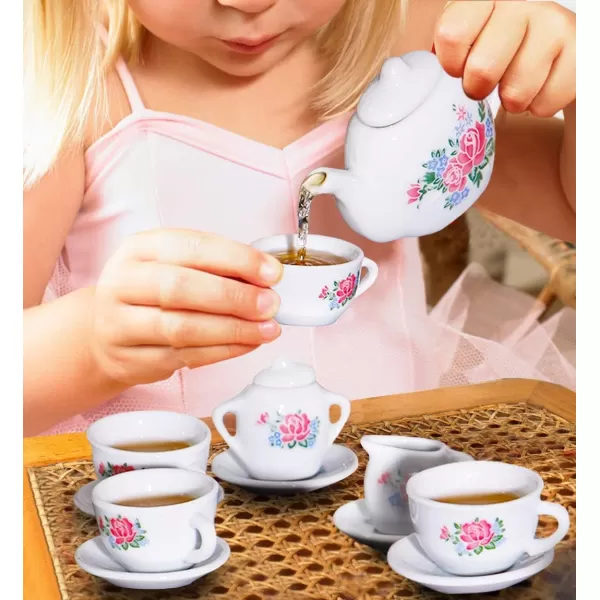 imageLiberty Imports 17 Piece Rose Flower Miniature Porcelain Ceramic Tea Set  Pretend Play Kids Toy Mini Kitchen Playset