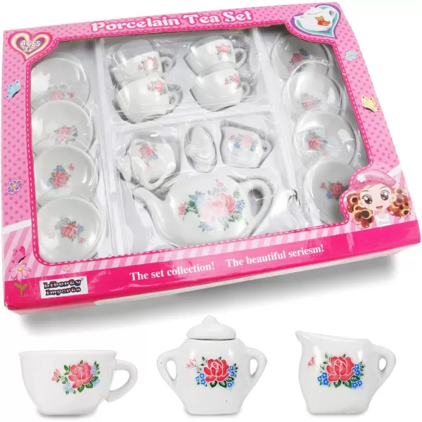 imageLiberty Imports 17 Piece Rose Flower Miniature Porcelain Ceramic Tea Set  Pretend Play Kids Toy Mini Kitchen Playset