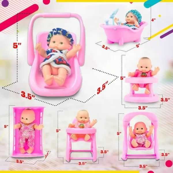 imageLiberty Imports 6 PCS Mini Baby Newborn Dolls Collection  Includes Cradle High Chair Walker Swing Bathtub and Infant Seat Pretend Toys Playset for Kids