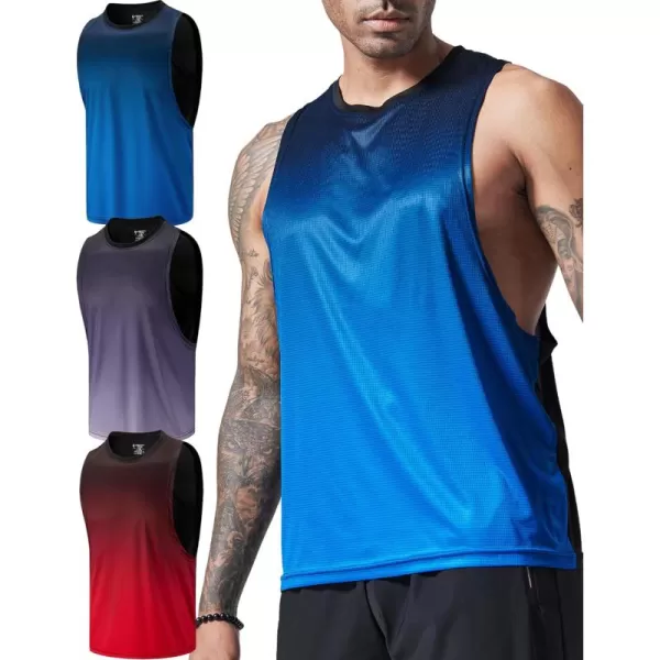 image3 Pack Mens Drop Arm Muscle Tank Tops Gym Bodybuilding Workout Stringers Sleeveless Cut Off ShirtsGradient RedBlueGray