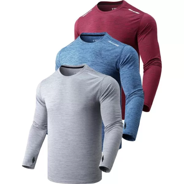 image3 Pack Mens Long Sleeve T Shirts Dry Fit UV Sun Protection Outdoor Hiking Athletic Active Tops with Thumb HolesHeather Light GrayBlueMaroon