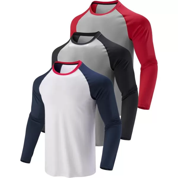 image3 Pack Mens Long Sleeve T Shirts Dry Fit UV Sun Protection Outdoor Hiking Athletic Active Tops with Thumb HolesRaglan GrayBlack  GrayRed  WhiteNavy