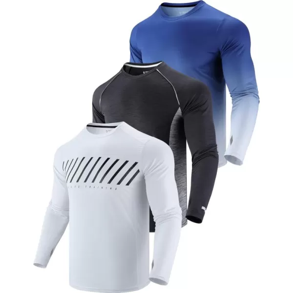 image3 Pack Mens Long Sleeve T Shirts Dry Fit UV Sun Protection Outdoor Hiking Athletic Active Tops with Thumb HolesWhiteBlackGradient Blue