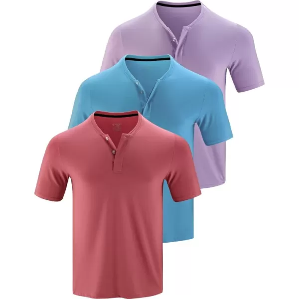 image3 Pack Mens Polo Shirts Business Casual Golf Henley Work Shirts for Men Collarless Short Sleeve Stylish Athletic TshirtsBlueWashed RedLight Lavender