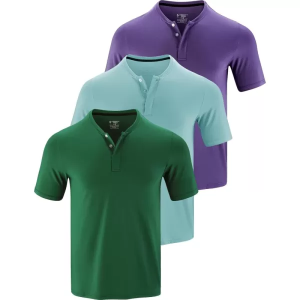 image3 Pack Mens Polo Shirts Business Casual Golf Henley Work Shirts for Men Collarless Short Sleeve Stylish Athletic TshirtsEmeraldVioletAqua Haze