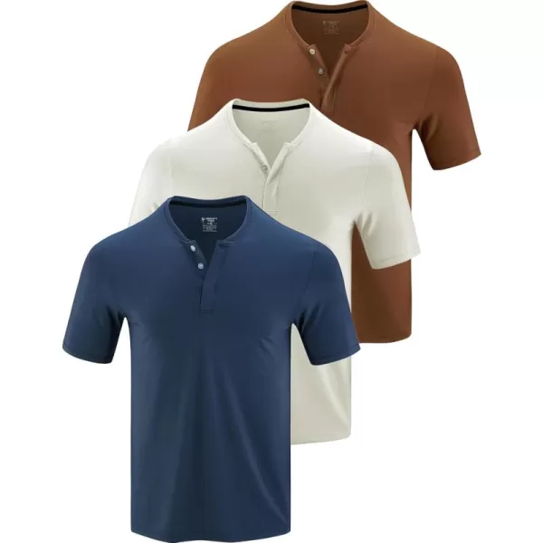 image3 Pack Mens Polo Shirts Business Casual Golf Henley Work Shirts for Men Collarless Short Sleeve Stylish Athletic TshirtsNavyBronzeOff White