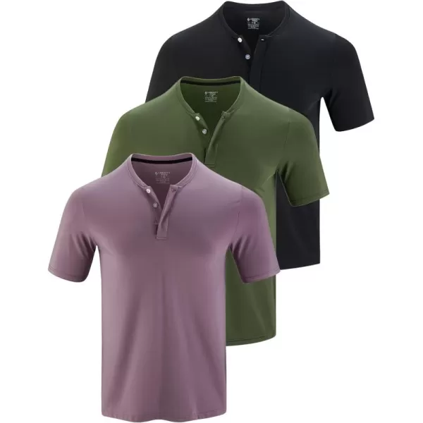 image3 Pack Mens Polo Shirts Business Casual Golf Henley Work Shirts for Men Collarless Short Sleeve Stylish Athletic TshirtsOliveBlackMisty Purple