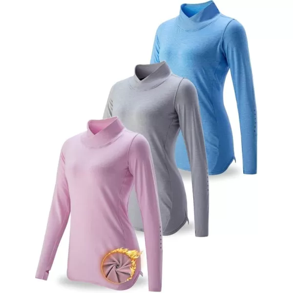 image3 Pack Womens Thermal Fleece Shirts Long Sleeve Mock Turtleneck Running Active Tops Workout Cold Weather GearGrayBaby BlueLight Pink