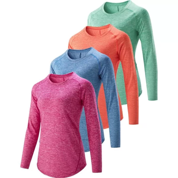 image4Pack Womens Long Sleeve Athletic Tops with Thumb Holes  Dry Fit Active Crewneck Workout TeesCoralTurquoiseRose PinkCendre Blue