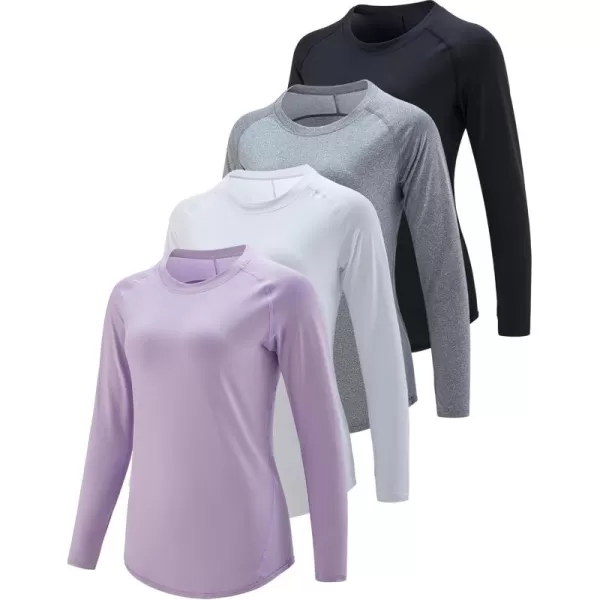 image4Pack Womens Long Sleeve Athletic Tops with Thumb Holes  Dry Fit Active Crewneck Workout TeesGrayWhiteBlackLight Lavender