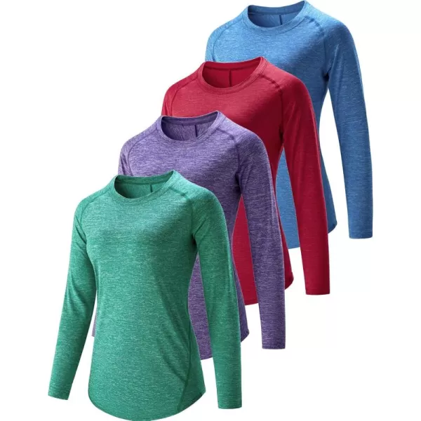 image4Pack Womens Long Sleeve Athletic Tops with Thumb Holes  Dry Fit Active Crewneck Workout TeesGreenBlueRedPurple