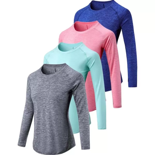 image4Pack Womens Long Sleeve Athletic Tops with Thumb Holes  Dry Fit Active Crewneck Workout TeesNavyCharcoalLight BlueLight Pink