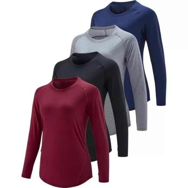 image4Pack Womens Long Sleeve Athletic Tops with Thumb Holes  Dry Fit Active Crewneck Workout TeesNavyWhiteBlackDark Maroon