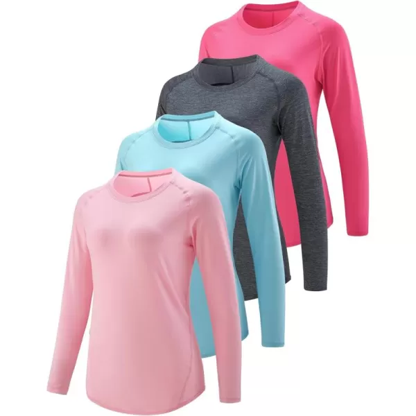 image4Pack Womens Long Sleeve Athletic Tops with Thumb Holes  Dry Fit Active Crewneck Workout TeesPastel PinkCharcoalDawn BlueHot Pink