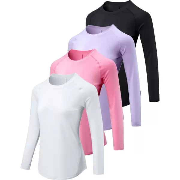 image4Pack Womens Long Sleeve Athletic Tops with Thumb Holes  Dry Fit Active Crewneck Workout TeesWhitePinkLavenderBlack