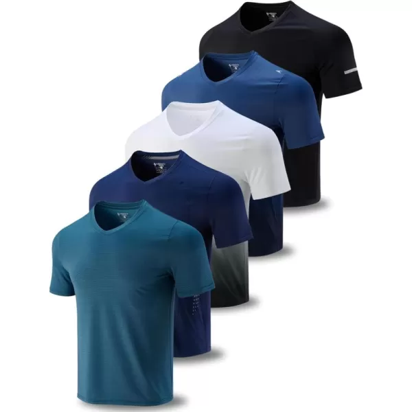 image5 Pack Mens VNeck Dry Fit TShirts Active Athletic Short Sleeve Workout Tops Performance Gym Tees Available in Plus SizeBlackDark TealSteel BlueGradient BlueGradient White