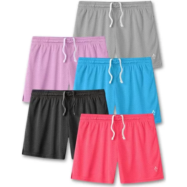 image5Pack Womens Athletic Shorts Mesh Basketball Ladies Active Loose PullOn Shorts with Zipper Pockets 5quot InseamGrayBlackHot PinkBaby BlueLight Purple