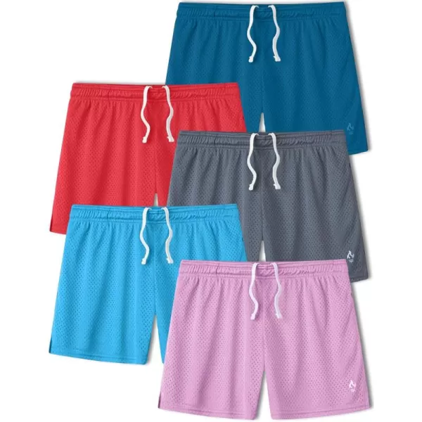 image5Pack Womens Athletic Shorts Mesh Basketball Ladies Active Loose PullOn Shorts with Zipper Pockets 5quot InseamLight PinkBaby BlueCrimsonTealCharcoal