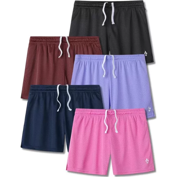 image5Pack Womens Athletic Shorts Mesh Basketball Ladies Active Loose PullOn Shorts with Zipper Pockets 5quot InseamPinkNavyBlackMaroonLavender