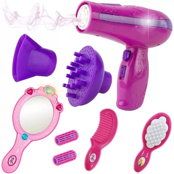 image7 PCS Girls Beauty Salon Styling Fashion Pretend Play Set with Toy Hairdryer Mirror and Styling Accessories