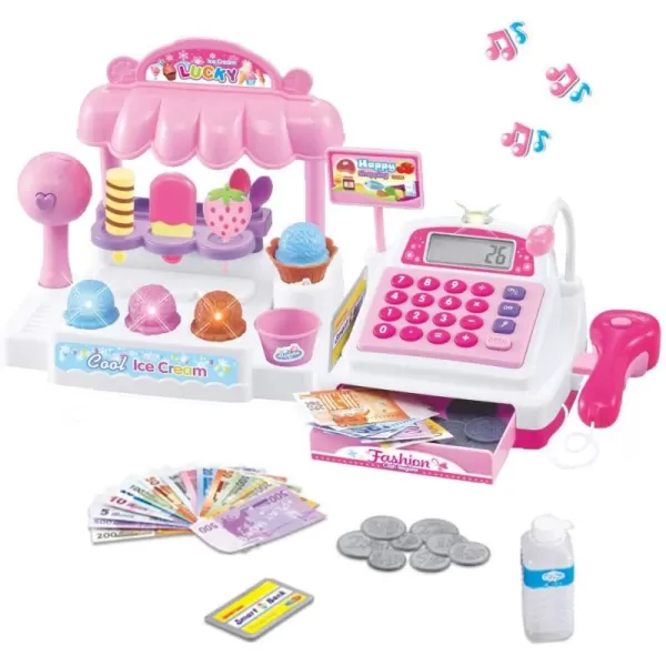 imageIce Cream Store Mini Cash Register with Pretend Play Desserts Working Scanner Calculator Microphone Money and Credit Card