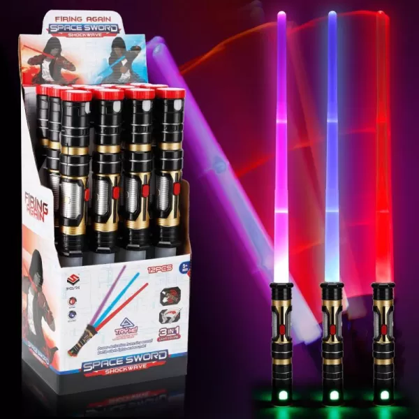 imageLiberty Imports 12 Pack LED Light Up Sabers Set  Color Changing Motion Sensitive Retractable Swords with FX Sound Effects for Themed Parties Bulk Party Favors and Cosplay