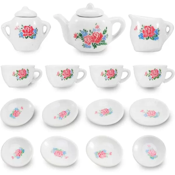 imageLiberty Imports 17 Piece Rose Flower Miniature Porcelain Ceramic Tea Set  Pretend Play Kids Toy Mini Kitchen Playset