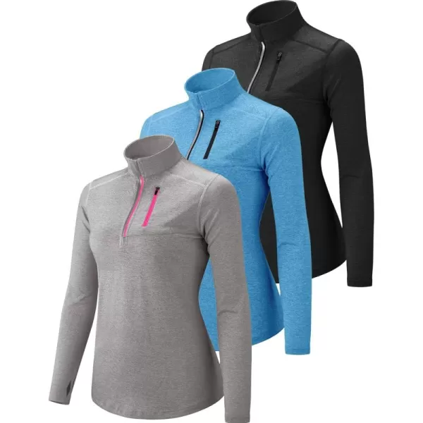 imageLiberty Imports 3 Pack Womens Quick Dry Long Sleeve Quarter Zip Pullover Workout Shirts with Thumb Holes and PocketHeather BlackLight BlueGray