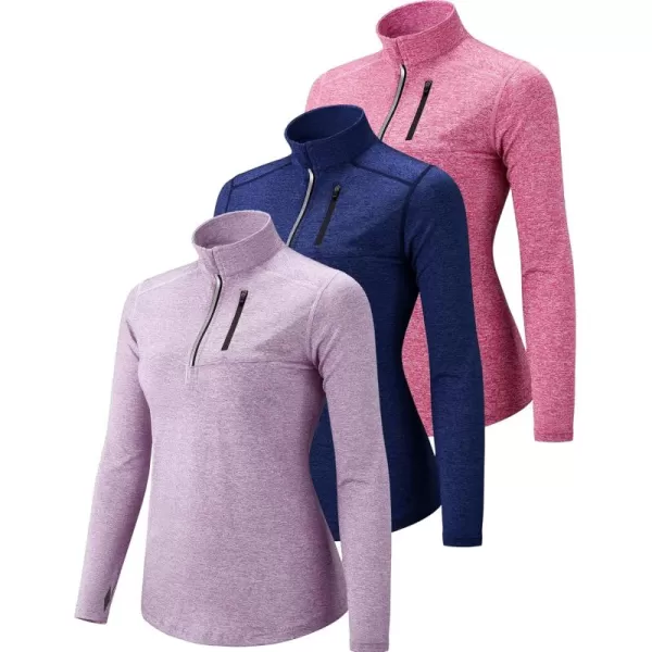 imageLiberty Imports 3 Pack Womens Quick Dry Long Sleeve Quarter Zip Pullover Workout Shirts with Thumb Holes and PocketHeather LavenderNavyPink