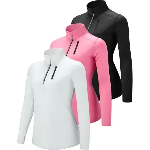 imageLiberty Imports 3 Pack Womens Quick Dry Long Sleeve Quarter Zip Pullover Workout Shirts with Thumb Holes and PocketPinkBlackWhite