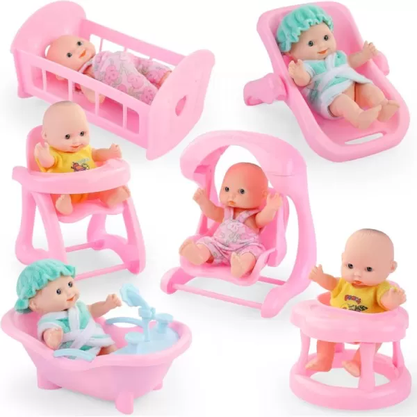 imageLiberty Imports 6 PCS Mini Baby Newborn Dolls Collection  Includes Cradle High Chair Walker Swing Bathtub and Infant Seat Pretend Toys Playset for Kids