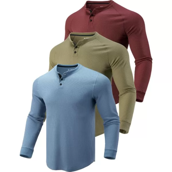 imageLiberty Pro 3 Pack Mens Waffle Henley Thermal Long Sleeve Shirts Casual Fitted Fall Shirts for MenSoft DenimGreenMaroon