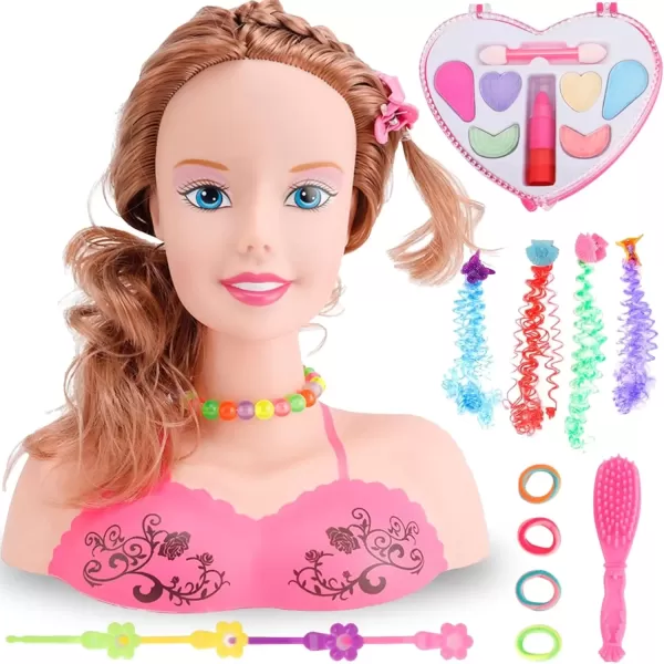 imageMakeup and Hair Styling Doll Head Toy Kit  Kids Pretend Play Set with Real Washable Cosmetics and Style Accessories for Little Girls