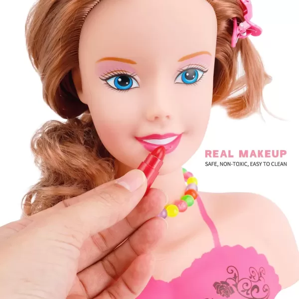 imageMakeup and Hair Styling Doll Head Toy Kit  Kids Pretend Play Set with Real Washable Cosmetics and Style Accessories for Little Girls