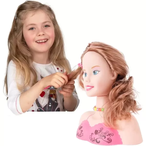 imageMakeup and Hair Styling Doll Head Toy Kit  Kids Pretend Play Set with Real Washable Cosmetics and Style Accessories for Little Girls